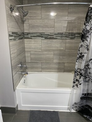 Combined shower/tub, hair dryer, towels, toilet paper