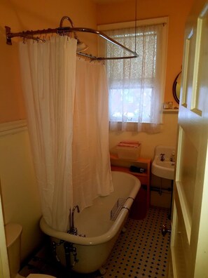 Duschwanne, Haartrockner, Handtücher, Seife