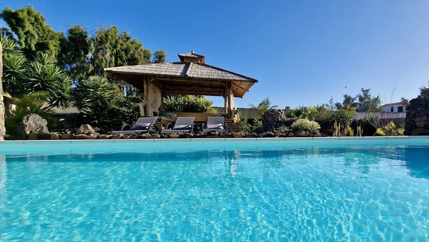 Une piscine d’un bleu éclatant, dotée de chaises longues et d’un belvédère.