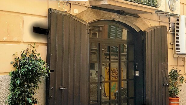 A closed dark wooden door with glass panels, flanked by potted plants, and a yellow and gray bollard in front. - LOFT WITH INDEPENDENT ENTRANCE ON 2 FLOORS HISTORICAL CENTER (Napoli)