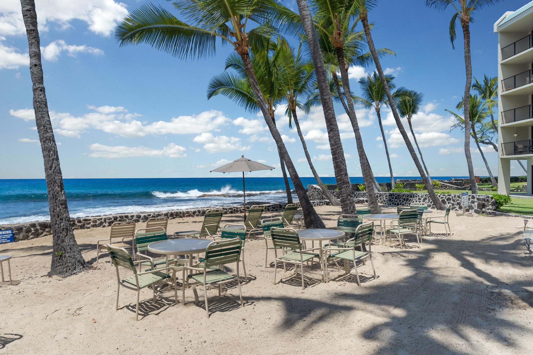 Eine Terrasse am Strand mit Tischen und Stühlen, Palmen und Blick auf das Meer.