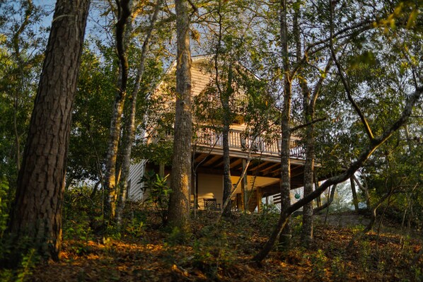 A cabin surrounded by trees with a deck and outdoor seating area. - Family beach cottage poised between the ocean, hiking, biking, eateries & shops (Emerald Isle)