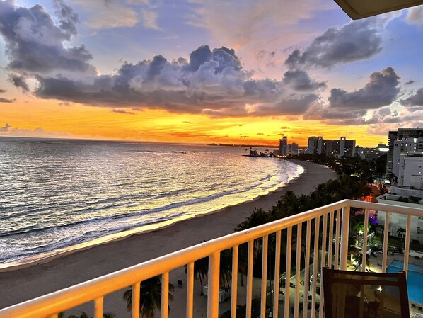 Un paisaje costero con playa, océano y vistas a edificios y palmeras.