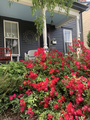 Une maison avec un porche, une chaise rouge et un arbuste aux fleurs rouges.