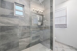 Shower, towels, soap, shampoo