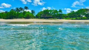 A beach with clear turquoise water, palm trees, and a sandy shore.