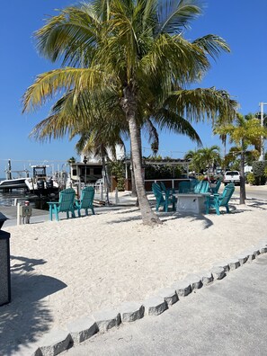 A beachside area with turquoise chairs, a small table, and a palm tree.