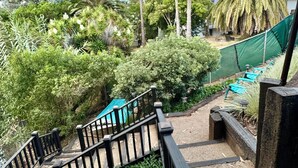 Ein Garten mit einer Holztreppe, verschiedenen Pflanzen und einer grünen Netzkonstruktion.