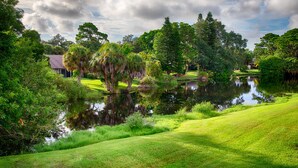 A serene landscape with a pond, lush greenery, and a house in the background. - Lake view spacious 2bdr CONDO 7 min by the BEACH (Sarasota)