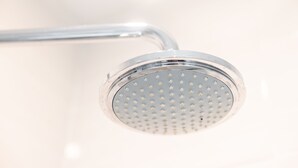 Un pommeau de douche au design circulaire, doté de plusieurs petits trous.