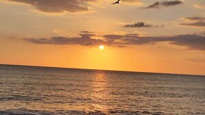 A beach scene with the sun setting over the ocean, waves gently lapping the shore, and a bird flying in the sky. - Private 2 bedroom Casitas with pool. Azteca villas (Treasure Beach)