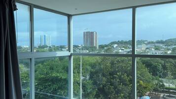 A room with large windows offering a city view, a wooden floor, and a curtain on the left.