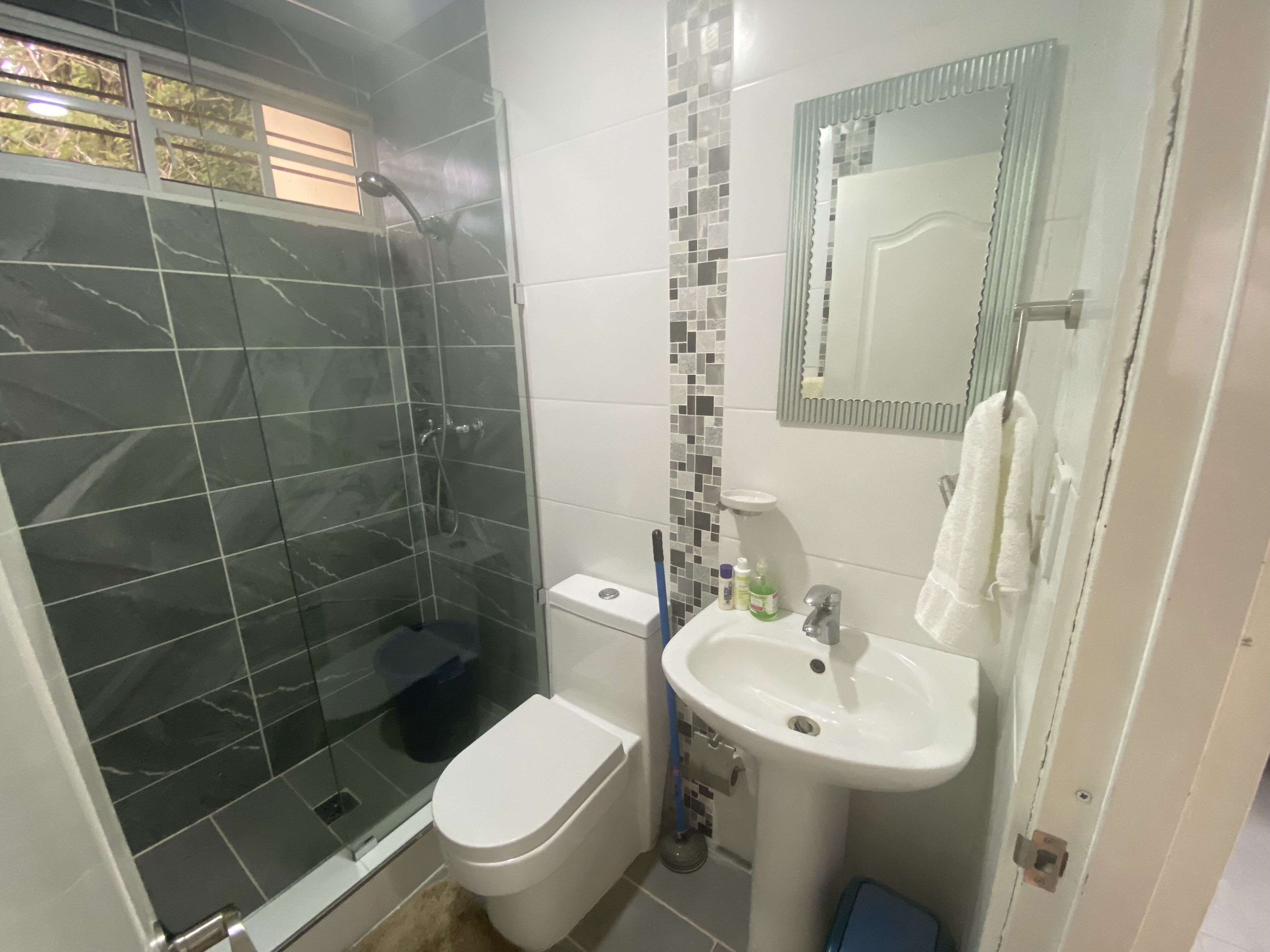 Shower, hair dryer, towels, soap