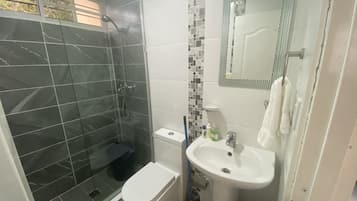 Shower, hair dryer, towels, soap
