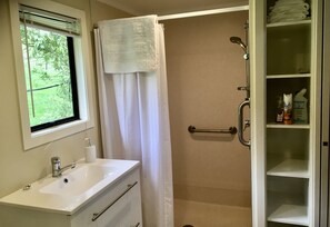 Shower, hair dryer, towels, soap