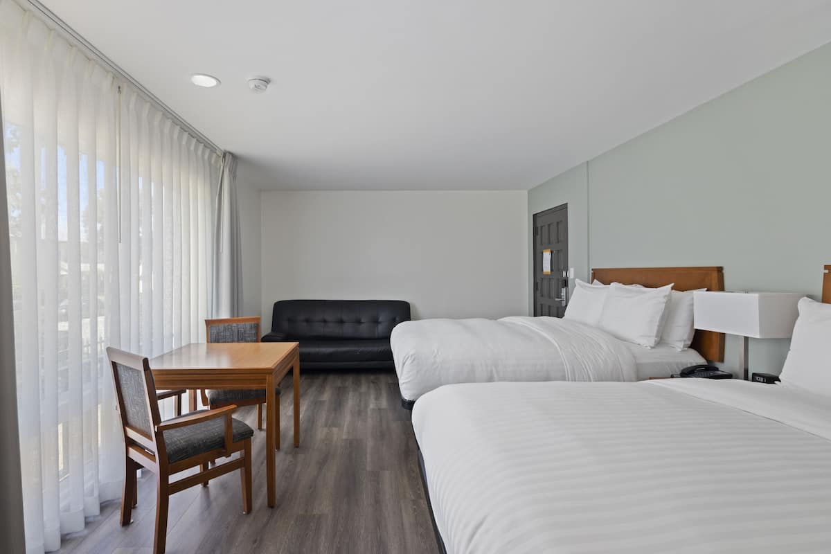 A hotel room with a bed, a desk, and a couch.