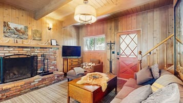 Televisión, chimenea, reproductor de DVD y libros