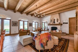 TV, fireplace, books