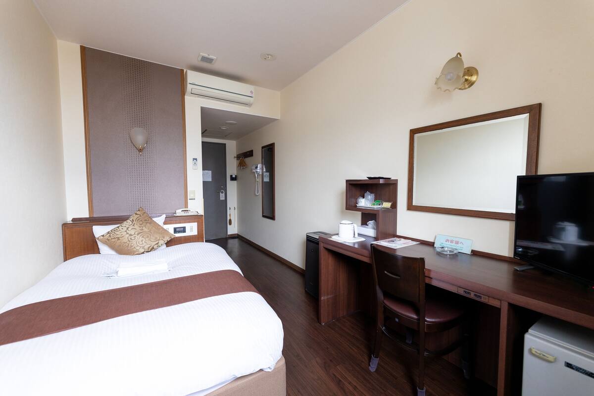 Une chambre d’hôtel avec un lit, un bureau, une télévision et un miroir.