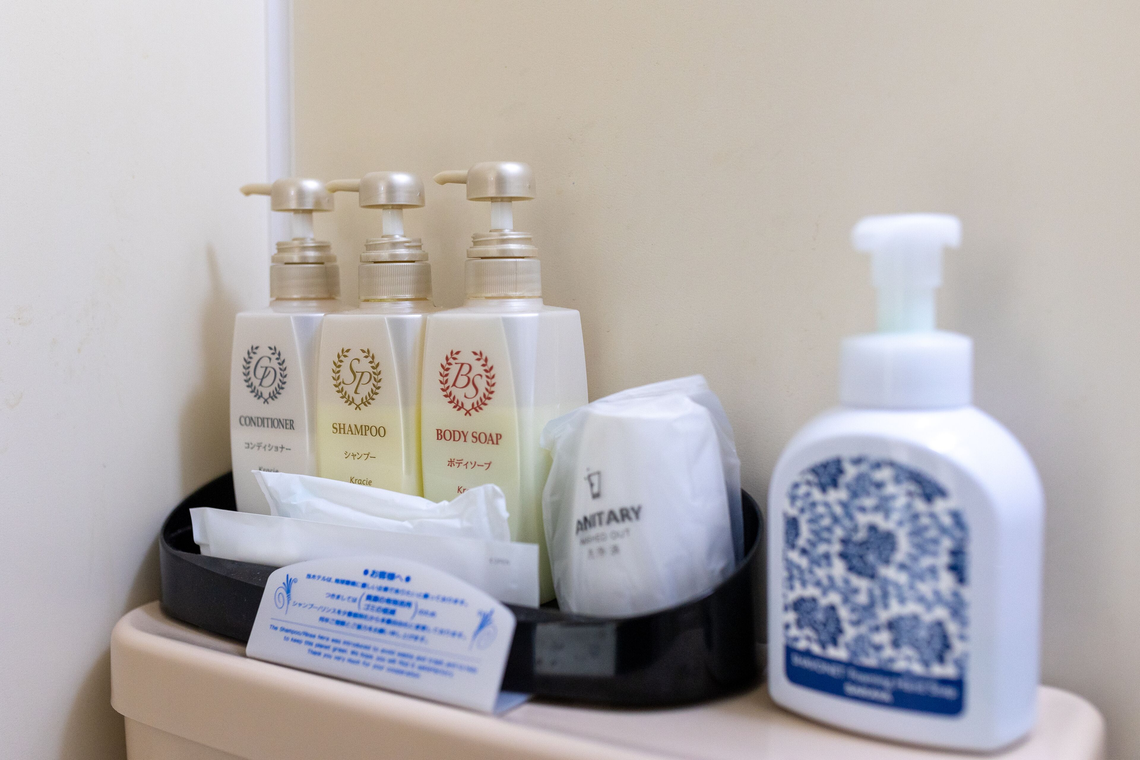 Toiletries including a bottle of hand sanitizer, a bottle of body soap, and a container of tissues.