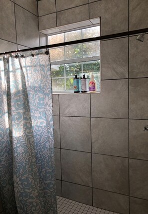 Shower, hair dryer, towels, soap