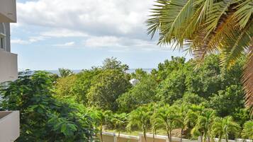 Un exuberante jardín con palmeras y follaje denso, un edificio blanco con balcón y una vista despejada del océano al fondo.