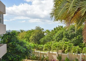Un jardin luxuriant, avec des palmiers et une végétation dense, un bâtiment blanc doté d’un balcon, et une vue dégagée sur l’océan en arrière-plan.