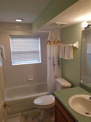 Ensemble douche/baignoire, sèche-cheveux, serviettes fournies, savon