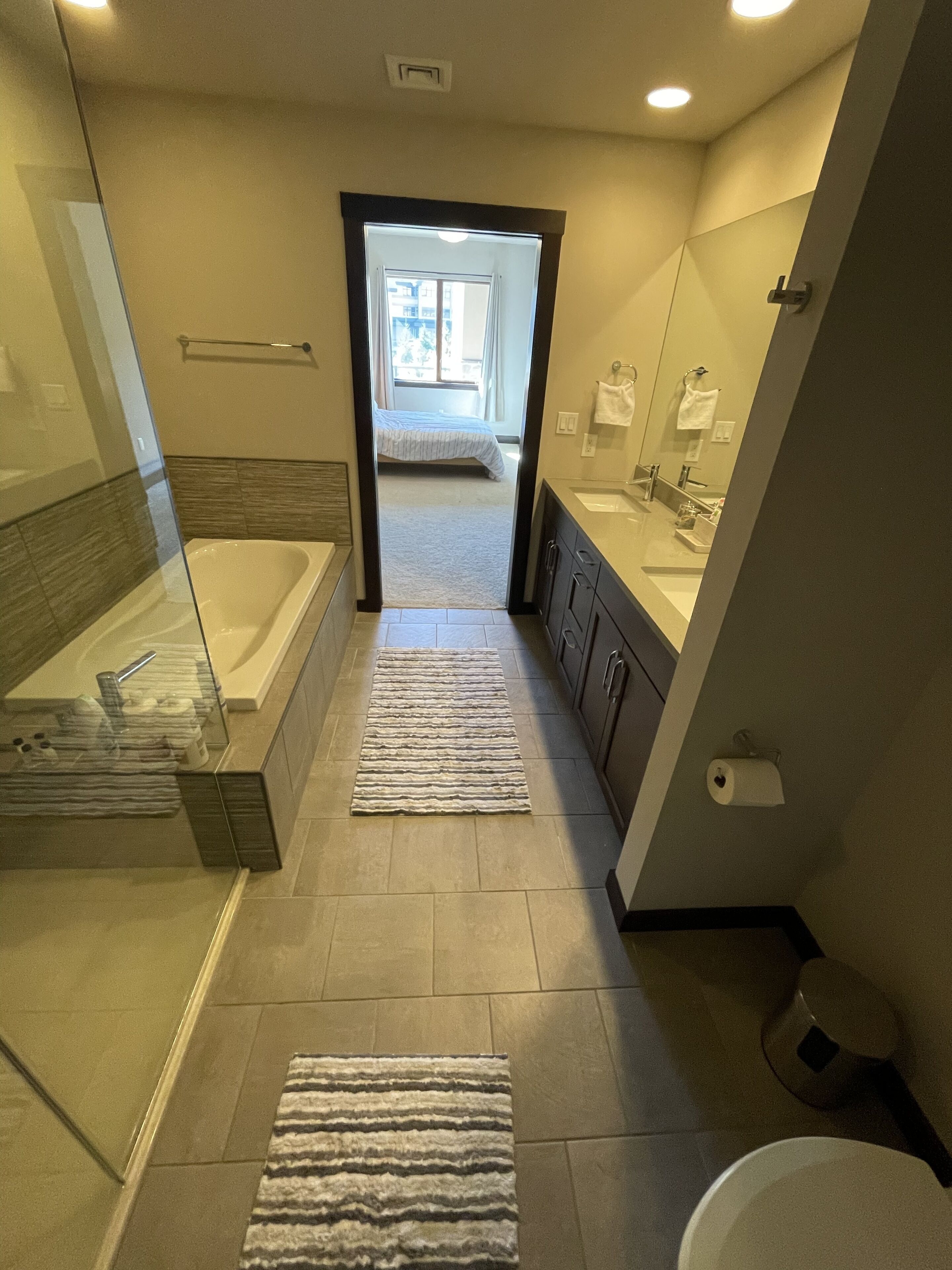 Combined shower/tub, hair dryer, towels, soap