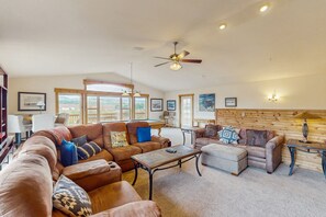 TV, fireplace, books