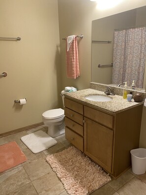 Duschwanne, Haartrockner, Handtücher, Seife