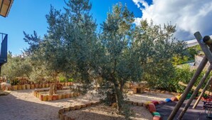 Un giardino con ulivi, una panchina di legno e un sentiero colorato formato da pneumatici.