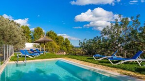 Una piscina rettangolare con acqua cristallina, circondata da un basso muretto in pietra. Diverse poltrone da relax blu sono disposte lungo il bordo della piscina.