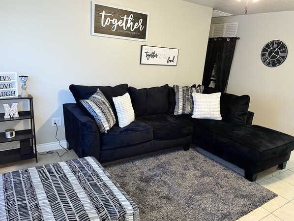 Smart TV, fireplace, books