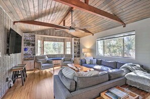 Smart TV, fireplace, books, stereo