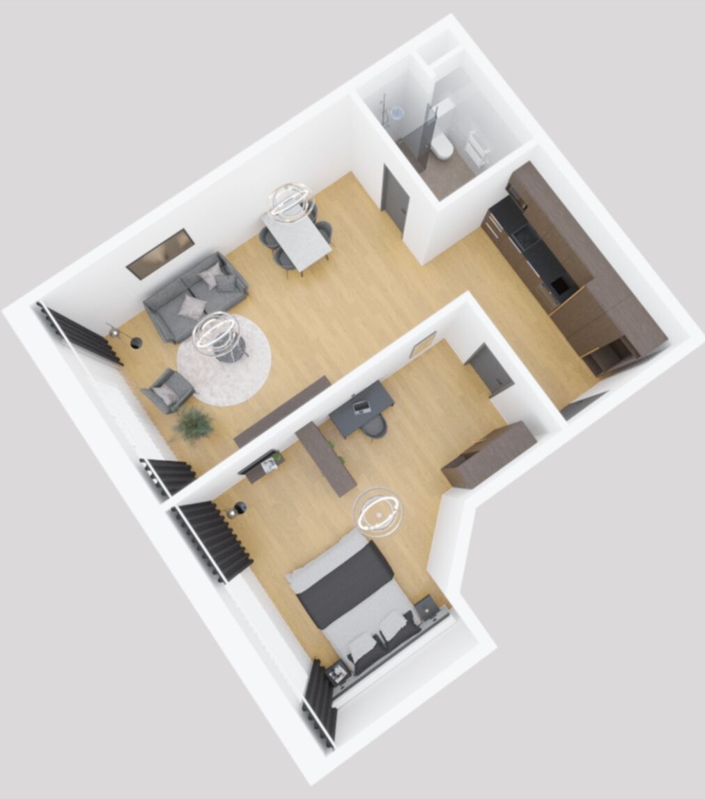 A 2D floor plan of a modern apartment with a living room, kitchen, and bathroom.