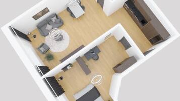 A 2D floor plan of a modern apartment with a living room, kitchen, and bathroom.