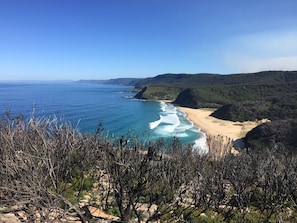 Un paisaje costero con una playa, océano y colinas boscosas.