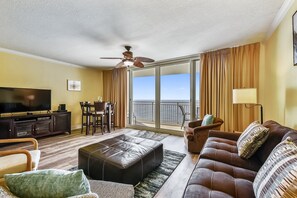 Flat-screen TV - Make Your Escape | 12th Floor Emerald Beach Condo w/ Gulf Views & Resort Amenities (Panama City Beach)