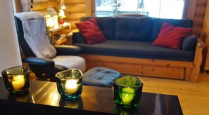 Smart TV, chimenea, reproductor de DVD, libros