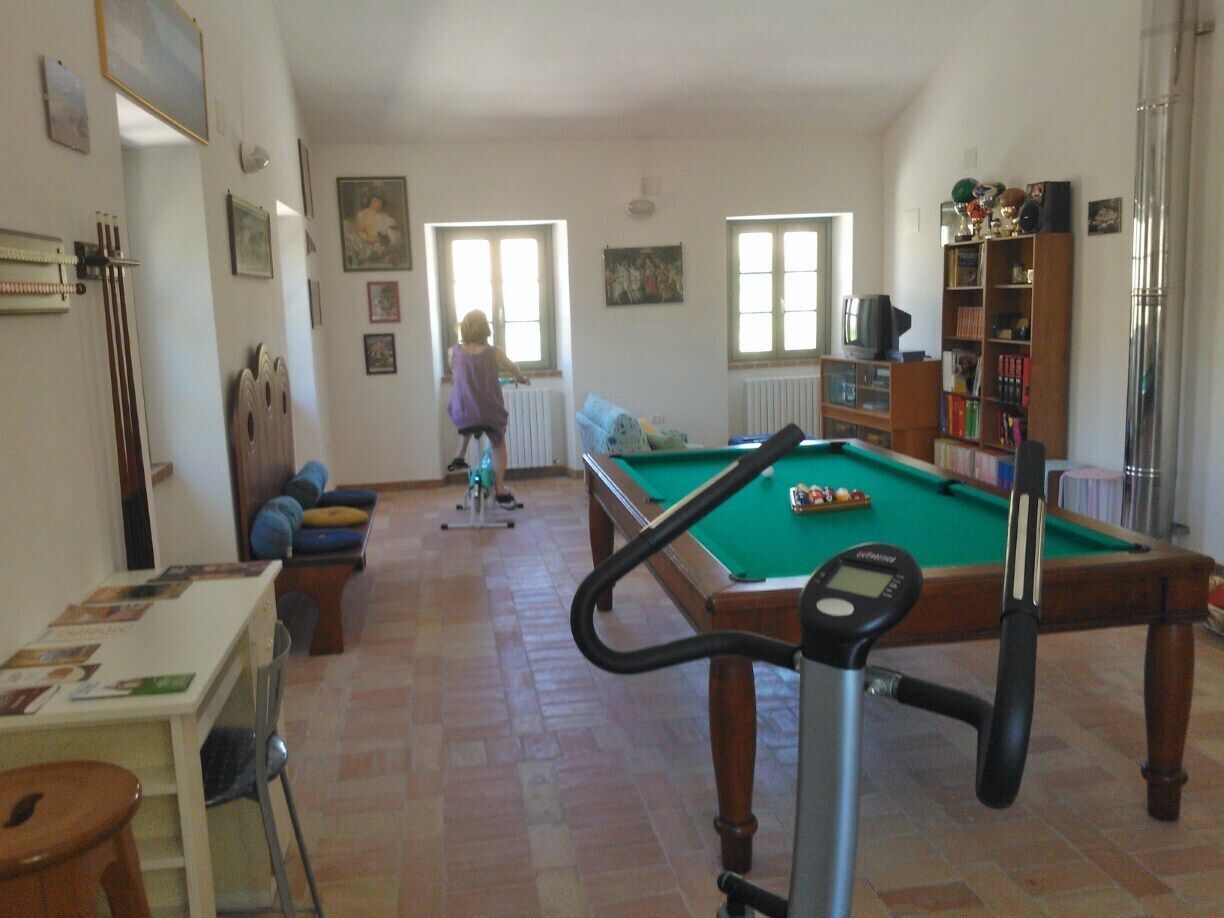 Ein Raum mit Pooltisch, Billardqueue, Sofa und Bücherregal.