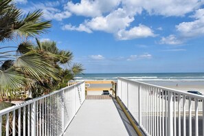 A wooden deck leading to a beach with palm trees on the left.