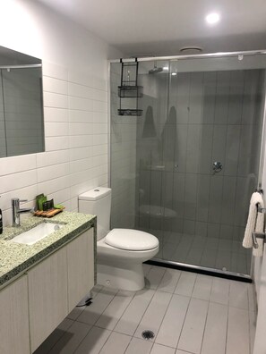 A modern bathroom with a shower enclosure, a toilet, and a sink with a granite countertop.