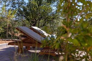 A wooden lounge chair with a cushion and a glass of water on a paved patio surrounded by greenery. - Villa with private pool (Hoedspruit)