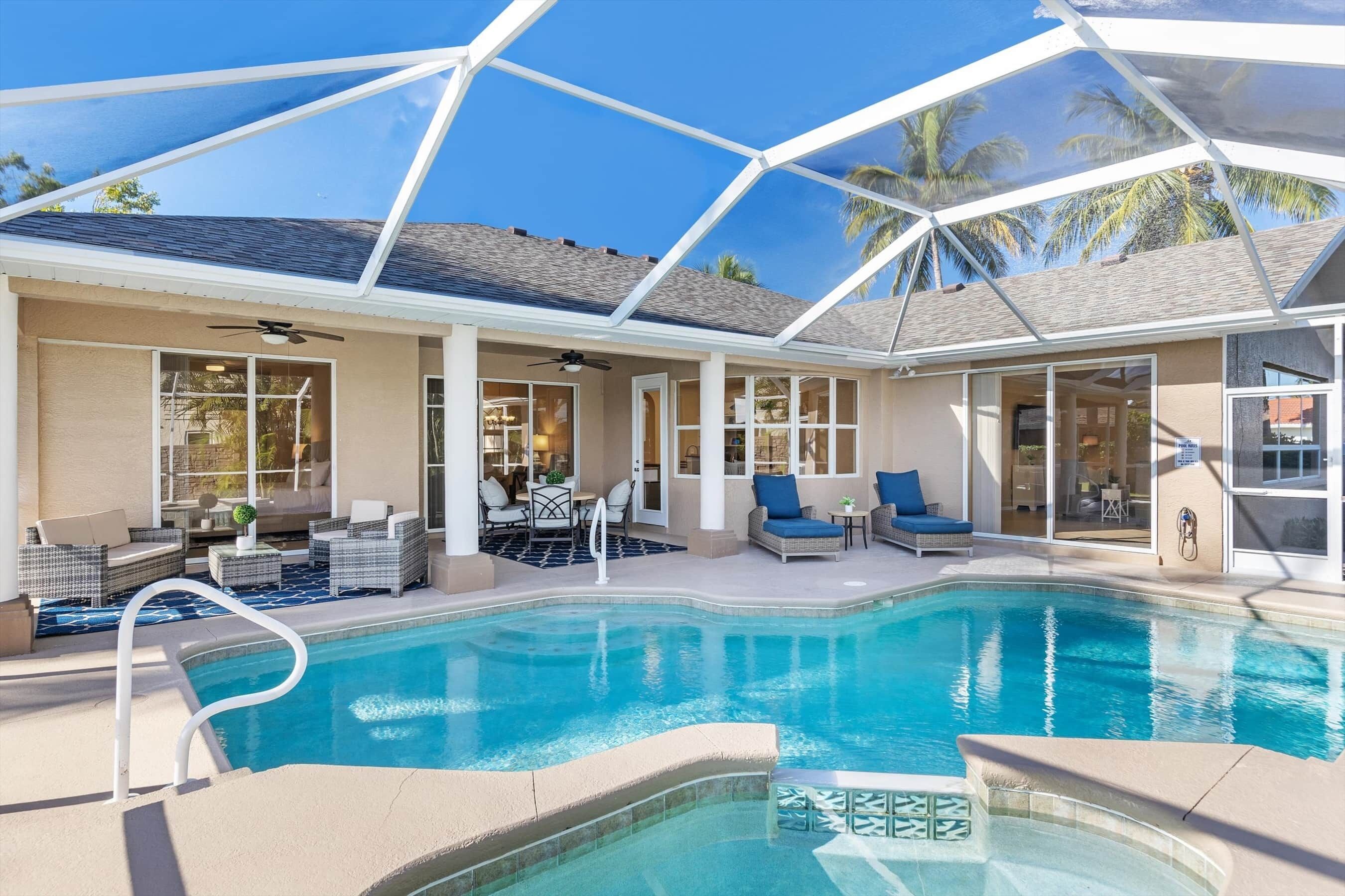 A heated pool, pool loungers