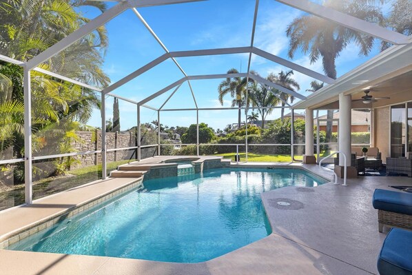 A heated pool, pool loungers