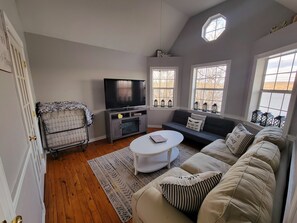 Smart TV, fireplace, books