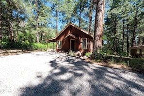 A small cabin with a sloped roof, a front porch, and a gravel driveway. - Pet Friendly Cabin on 3.5 acres between Durango and Purgatory - Fire Pit (Durango)