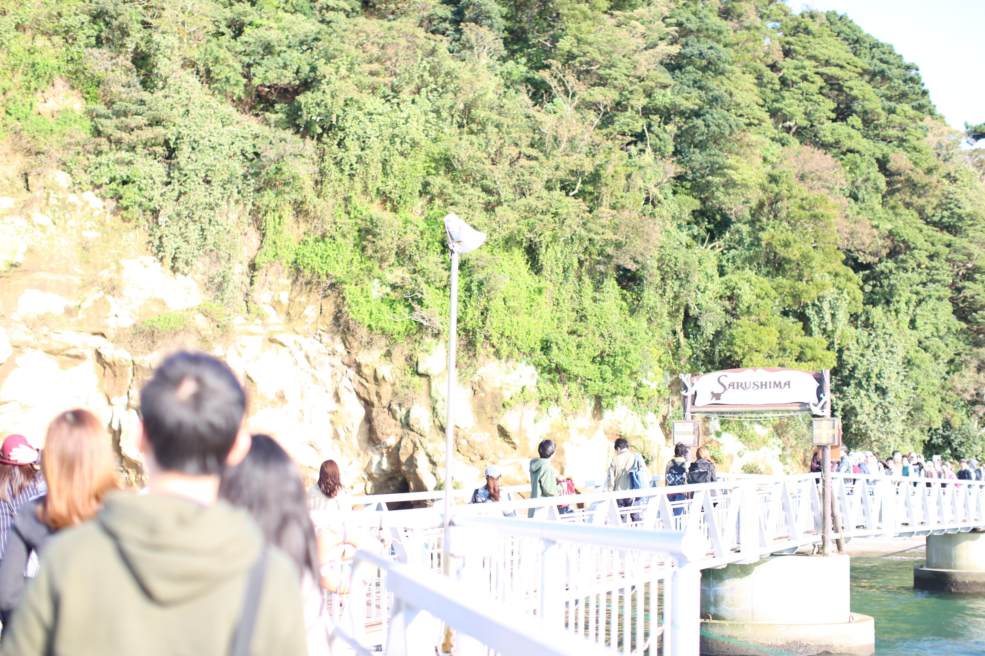 A bridge with a sign reading "Sarushima" and a crowd of people on it.