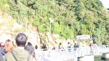 A bridge with a sign reading "Sarushima" and a crowd of people on it.